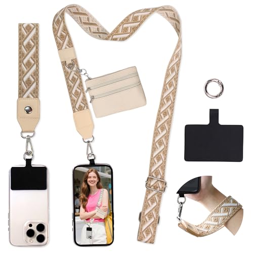 FUVLIFE Cell Phone Lanyard Crossbody, Clip and Go Phone Strap with Wallet | Phone Strap with Zippered Pouch, Adjustable 43”–62”, Datechable Phone Wrist Strap, for Travel Cruise, Women Men Teacher Gift - color: Gold Geometric