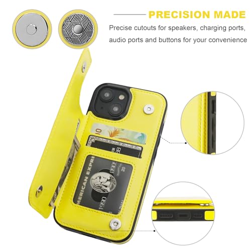 ONETOP for iPhone 15 Wallet Case with Credit Card Holder,Yellow | Kickstand,ID/Cash Holder,Case Wallet with Card Slots,Double Magnetic Clasp,Durable PU Leather Shockproof Cover for Women Men - color: Yellow