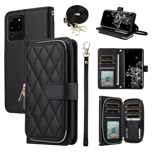 Wallet Case for Samsung Galaxy S20 Ultra 5G with Wrist Strap, Crossbody Shoulder Strap, Leather Stand Cell Phone Cover with 9+ Card Slots for S20ultra 20S S 20 A20 S2O 20ultra G5 Women Black | Wrist/Shoulder Strap, Purse, PU Leather, Stand, Cell Phone Cov