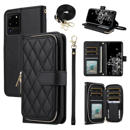 Wallet Case for Samsung Galaxy S20 Ultra 5G with Wrist Strap, Crossbody Shoulder Strap, Leather Stand Cell Phone Cover with 9+ Card Slots for S20ultra 20S S 20 A20 S2O 20ultra G5 Women Black | Wrist/Shoulder Strap, Purse, PU Leather, Stand, Cell Phone Cov