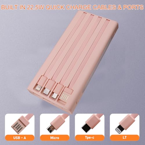 Portable Charger with Built in Cables,10000mAh Power Bank with LED Lamp Fast Charging 3.0 USB C External Battery Pack Phone Charger with LED Display for iPhone, Samsung and Cell Phones (Pink) - color: Pink
