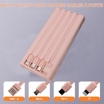 Portable Charger with Built in Cables,10000mAh Power Bank with LED Lamp Fast Charging 3.0 USB C External Battery Pack Phone Charger with LED Display for iPhone, Samsung and Cell Phones (Pink) - color: Pink