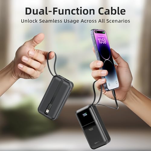 PD 30W Fast Charging Portable iPhone Charger 10 000mAh Mini Size Power Bank with Built in USB C & Lightning Cable, LED Display, Travel Battery Pack for iPhone 16/15/14/13 Series Samsung etc