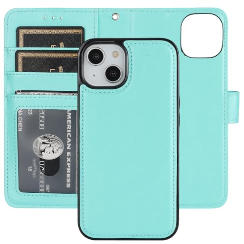 Bocasal Detachable Wallet Case Card Holder for iPhone 14, Light Blue | RFID Blocking Kickstand Card Slots Holder PU Leather Magnetic Shockproof Wrist Strap Removable Flip Protective Cover 6.1 inch - color: Light Blue