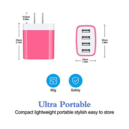 Charging Block, USB Plug, HOOTEK 4.8A 4-Muti Port USB Wall Charger Brick - color: rose-red