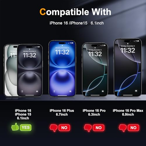 2 Pack Matte Privacy Screen Protector for iPhone 16 / iPhone 15 6.1-inch with Easy Installation Tool, Anti Spy Anti Glare 9H Tempered Glass Film, Dynamic Island Compatible, Case Friendly - size: iPhone 16/15-6.1 Inch
