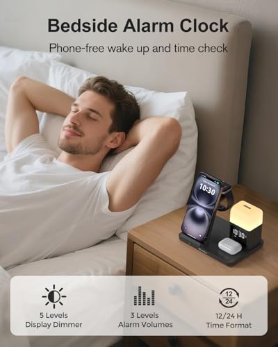 Wireless Charging Station Alarm Clock with 8 Touch Night Lights: 5 in 1 Charger Stand for Apple Devices, Charging Dock for iPhone 17 16 15 14 13 12 Pro Max Plus/Apple Watch/AirPods, Dimmable