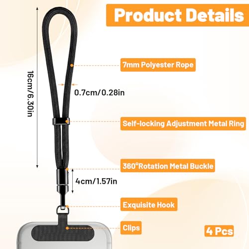 4 Pack Phone Wrist Strap, Adjustable Cell Phone Lanyard Strap, Wrist Lanyard with 360° Rotating Hook and Tether Tabs - color: 2 Black+2 Grey