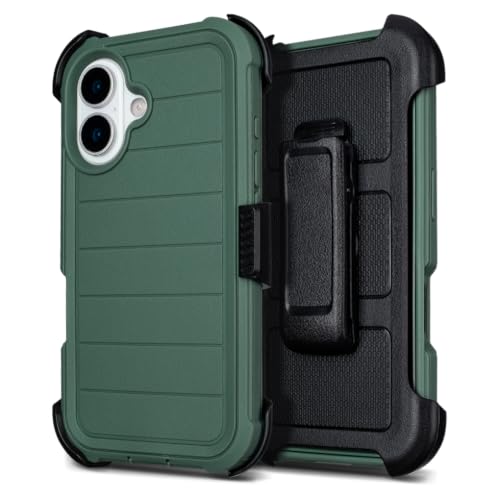 Defender Phone Case for iPhone 16 Case with Clip Holster Kickstand Green | for iPhone 16 Case Heavy Duty iPhone16 Phone Case Rugged 2 Layers of Sturdy,Anti-Drop for Phone Case iPhone 16Case Protective - color: Green