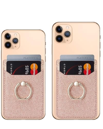 2Pcs RFID Phone Wallet Stick on Back of Phone Card Holder with Ring | Gold+Rosegold Glitter Sticky Phone Wallet for Credit Card/IDs/Pocket, Adhesive Phone Card Holder for iPhone, Videos - color: RoseGold Glittering
