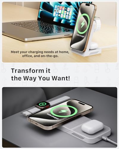 3-in-1 Fast Wireless Charging Station Multiple Devices, MagFree Transform 15W Magnetic Travel Charger Stand for iPhone 16/15/14/13/12, 5W Apple Watch Fast Charger, AirPods - 30W USB-C Charger Included