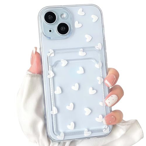 NITITOP Compatible with iPhone 15 Case Clear with Card Holder Cute White Love Heart Pattern Design Design Soft TPU Shock-Absorbing Wallet Case Protective Cover - White - color: White, size: iPhone 15