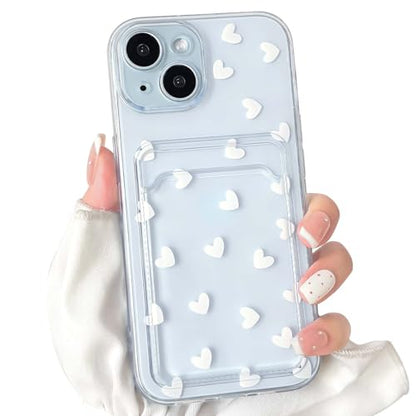 NITITOP Compatible with iPhone 15 Case Clear with Card Holder Cute White Love Heart Pattern Design Design Soft TPU Shock-Absorbing Wallet Case Protective Cover - White - color: White, size: iPhone 15