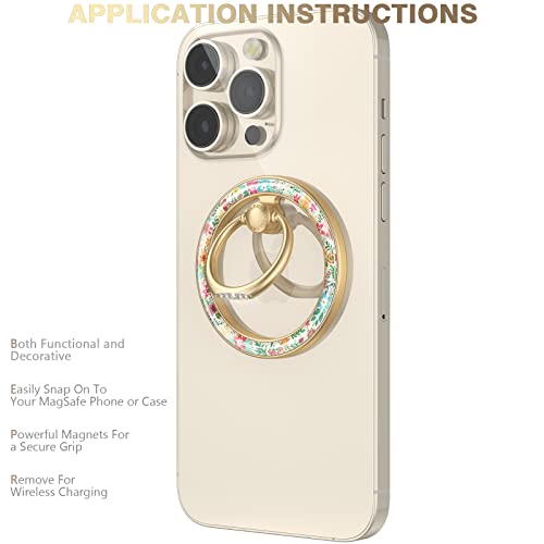 Doflyesky Magnetic Phone Ring Holder for iPhone, 360 Degree Rotation Floral Phone Grip Finger Ring Kickstand for iPhone 16 15 14 13 12 Pro Max Plus MagSafe Case, Android Phone, Gold