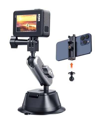 A2C Suction Cup Mount for Gopro iPhone, Anti-Shake Metal Arm Car Camera Mount with 1/4 Thread & Phone Holder, Car Boat Windshield Window VLOG/Video Holder for Gopro Hero Insta360 DJI Action Camera