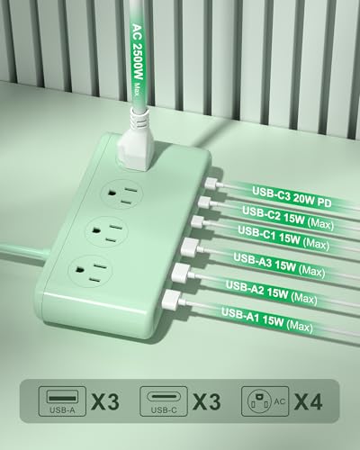 Power Strip with USB Port - 4AC & 6 USB(3USB C), Outlet Extender 5FT - color: Green