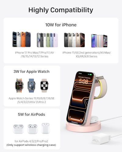 Anlmz 3 in 1 Charging Station - Wireless Charger for Apple Multiple Devices - color: Pink