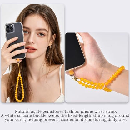 Agate Beaded Phone Wrist Strap for Women Men Stone Beads Charm Handmade Cellphone Chain Lanyard with Tether Tab - color: Yellow-2, size: 8mm Beads