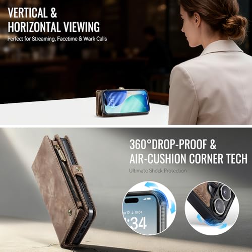 Compatible with iPhone 17 Wallet Case with Magsafe with Zipper & Card Holder Strap Wristlet Detachable Magnetic Protective Back Case for iPhone 17 5G 6.3 Inch (Brown) - color: (Detachable and Magsafe)-Brown, size: iPhone 17 6.3 Inch