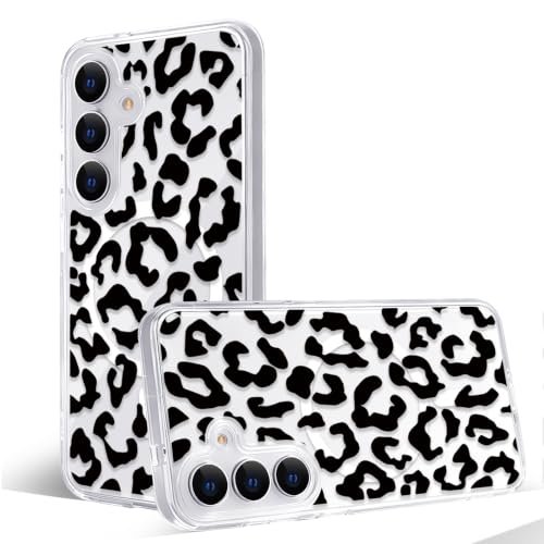 Magnetic Case for Samsung Galaxy S25 [Compatible with MagSafe] Cute Clear Leopard Case for Women Girls Soft TPU Bumper Hard PC Back Anti-Fall Shockproof Protective Slim Cover A4 - color: Black Leopard, size: Samsung Galaxy S25 Case