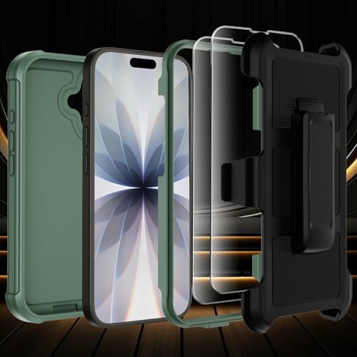 for iPhone 17 Case with Belt Clip Holster & Kickstand,Military Grade Drop Tested Shockproof Heavy Duty Rugged Cover,w/2X Screen Protectors Defender Bumper Protective Cases for Apple 17 (Dark Green) - color: Dark Green