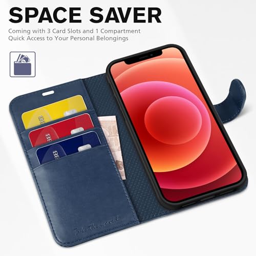 TUCCH Wallet Case for iPhone 12/12 Pro (6.1") 2020, 3 Card Slots, Dark Blue | RFID Blocking, Viewing Stand, Shockproof TPU Shell, PU Leather, Magnetic Closure, Protective Folio Flip Cover - color: Dark Blue