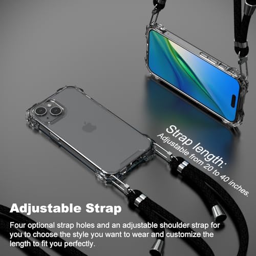 for iPhone 15 Clear Case with Crossbody Strap, Slim Fit Shockproof Protective Phone Case with Anti-Lost Detachable Adjustable Shoulder Neck Lanyard Strap - size: iPhone 15
