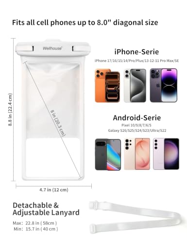 wellhouse Waterproof Phone Pouch, Waterproof Phone Case for iPhone 17 16 15 14 13 Pro Max XS Samsung, IPX8 3D Cellphone Dry Bag Beach Essentials (1 Pack - White8.0, 8 inch) - color: 1 Pack - White8.0"