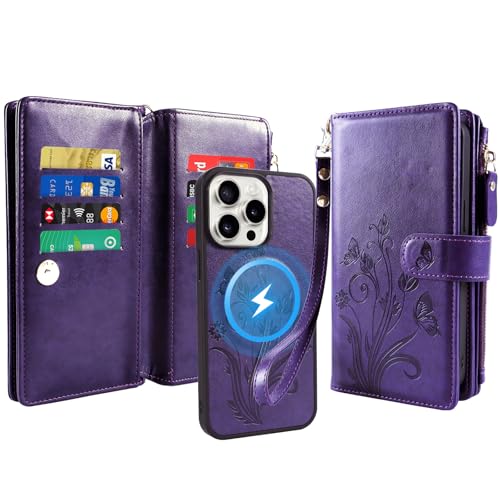 for iPhone 16e/17e Case Wallet,Compatible with MagSafe Magnetic 2 in 1 Magnetic Detachable PU Leather RFID Blocking Wallet Cover Card Holder Zipper Wrist Strap Lanyard,Floral Purple - color: Purple