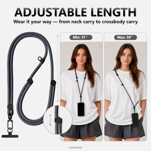 Adjustable Crossbody Phone Lanyard, Braided Cord with Tether Tab - color: Gray