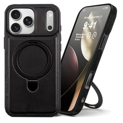 for iPhone 17 Pro Max Leather Case with Magnetic Ring Holder,[Compatible with Wireless Charging] Luxury Slim Shockproof Non-Slip Protective Kickstand Cover for iPhone 17 Pro Max (Black) - color: Black