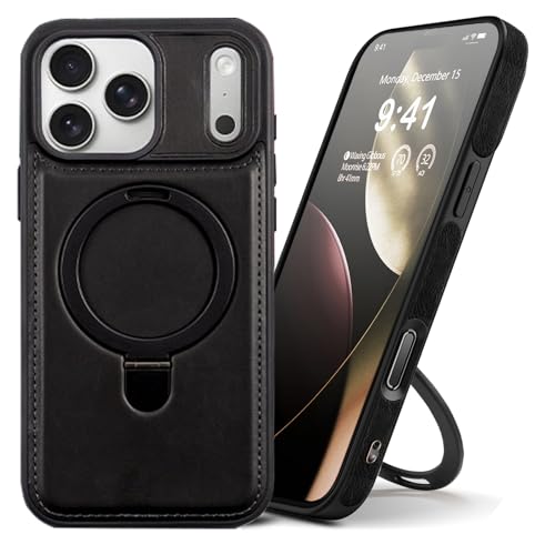 for iPhone 17 Pro Max Leather Case with Magnetic Ring Holder,[Compatible with Wireless Charging] Luxury Slim Shockproof Non-Slip Protective Kickstand Cover for iPhone 17 Pro Max (Black) - color: Black