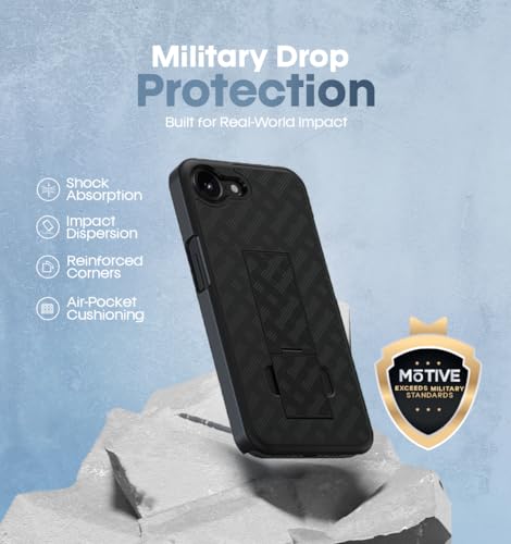 MOTIVE for iPhone 17e Case with Belt Clip, Rigid, Kickstand | 6.1" | Ranger v1 Series, Black, 360° holster, open-top/open-bottom port access, textured grip, slim - size: iPhone 17e