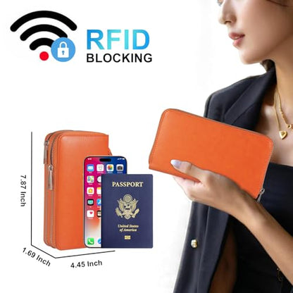 RFID Blocking Cellphone Wallet for Women Dual Zipper Wristlet Large Capacity 17 Card Slots Ladies Travel Clutch Purse with Removable Strap, Orange - color: Orange