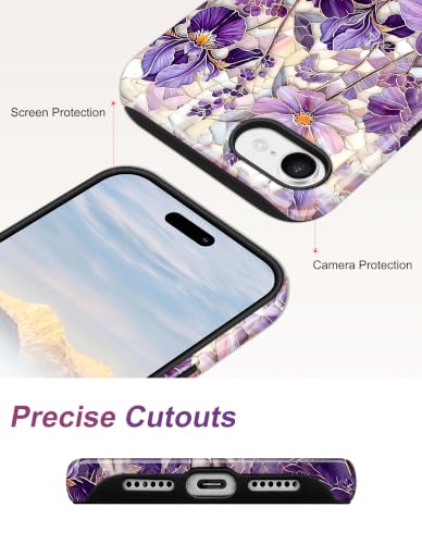 Jusy Magnetic Stained Glass Floral Case for iPhone 16e/17e, Iris | Compatible with MagSafe, Cute Aesthetic Flower Design, TPU and PC Protective Shockproof Cover - color: Iris