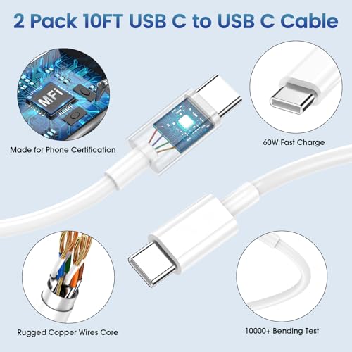iPhone 17 Pro Max Charger Fast Charging, 40W Dual USB C Fast Charger - color: White, Dual USB-C ports, size: 10ft