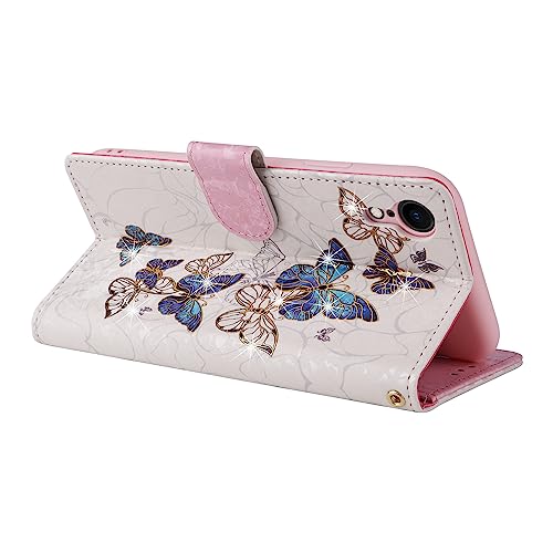 UEEBAI Wallet Case for iPhone 13, PU Leather Phone Cover Kickstand RFID Blocking Flip Case Card Slots Wrist Strap Relief Engraved Pattern Magnetic Closure Flower Folio Wallet, Blue Butterfly - color: Blue Butterfly, size: iPhone 13