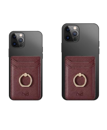 Card Holder Sleeve with Ring, RFID Credit Wallet PU Leather Stick On Back Grip for iPhone Samsung Smartphone - Burgundy - color: Burgundy