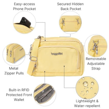 Baggallini Triple Zip with Front Wallet/Trifecta RFID Wallet Crossbody - color: Butter Yellow