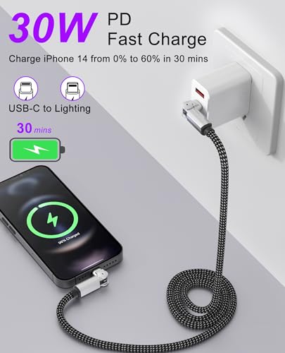 90 Degree iPhone Charger USB C Lightning Cable with 180° Rotating Head - 6.6FT Right Angle Lightning Cable Swivel Charger with MFi, 3A Fast Charging, Data Sync, Apple Carplay for iPhone14 13 12 11 X