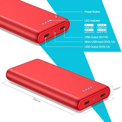 Portable Charger Power Bank 26800mah,Ultra-High Capacity Safer External Cell Phone Battery Pack,2 USB Output High Speed Charging Power bank Compatible with iPhone 17 16 15 14 13 Samsung Android LG-Red - color: Red