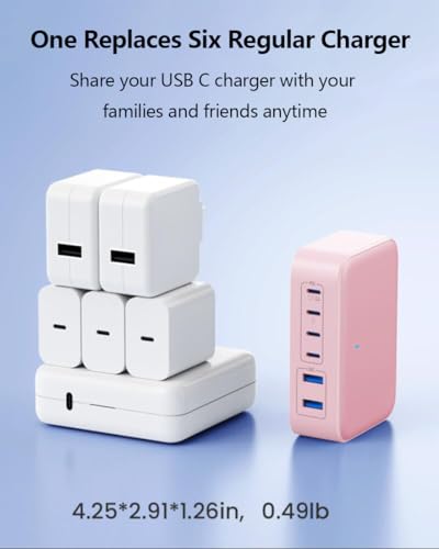 USB C Charger 200W USB Charging Block,6 Ports Foldable Wall Charger Outlet Plug,QC4.0 Fast Charging Station Hub,PD 65W Laptop Adapter for MacBook Pro/Air,Dell,iPhone 17/16/15,Galaxy (Pink) - color: Pink