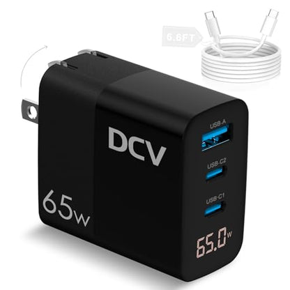 DCV 65W USB C Charger Block with Cable 6.6ft, GaN 3-Port Foldable Charger - color: Black+White Cable