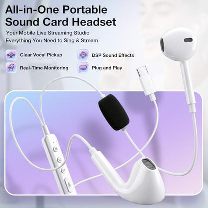 KM08 Live Streaming & Karaoke Headset with Mic, Voice Changer Sound Effects - color: Semi In-Ear (White)