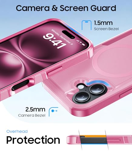 Magnetic for iPhone 17 Case Rugged Dual-Layer Shockproof Pink | Military-Grade Heavy Duty Protection, Fit for Magsafe, Matte Finish Scratch Resistant Anti-Fingerprint, Anti-Slip Phone Cover - color: Pink