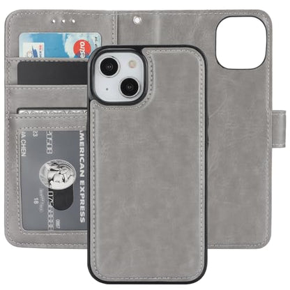 Bocasal Detachable Wallet Case Card Holder for iPhone 14, Grey | RFID Blocking Kickstand Card Slots Holder PU Leather Magnetic Shockproof Wrist Strap Removable Flip Protective Cover 6.1 inch - color: Gray