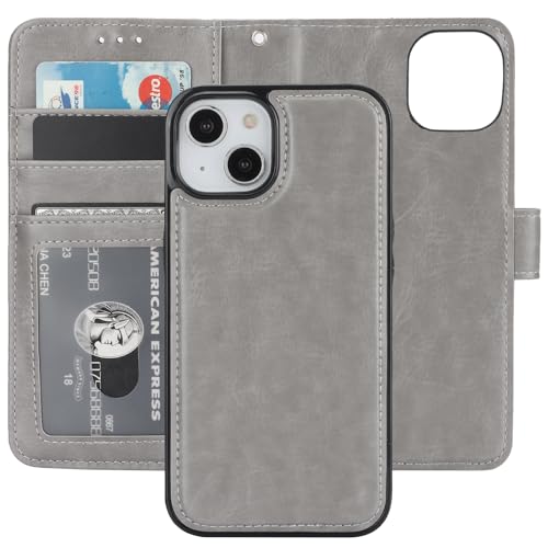Bocasal Detachable Wallet Case Card Holder for iPhone 13, Grey | RFID Blocking Kickstand Card Slots Holder PU Leather Magnetic Shockproof Wrist Strap Removable Flip Protective Cover 6.1 inch - color: Gray