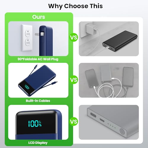 Portable Charger with Built-in AC Plug and Cables,13800mAh All in One USB C Fast Charging Power Bank,Travel Essentials Portable Phone Charger Battery Pack for iPhone 17/16/14,Galaxy,Android-Dark Blue - color: Dark Blue