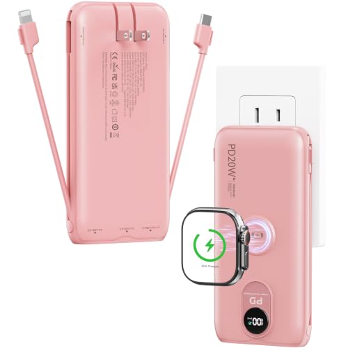 Portable Charger 10000mAh 20W, Wall Plug, 2 Cables, iWatch Charging - color: Bloom Pink