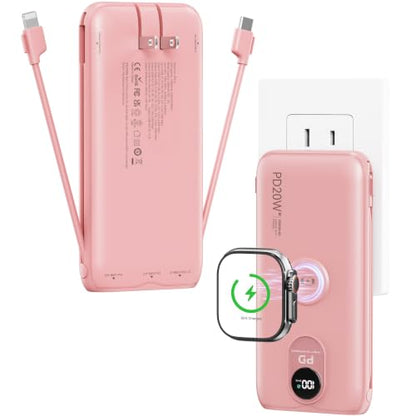 Portable Charger 10000mAh 20W, Wall Plug, 2 Cables, iWatch Charging - color: Bloom Pink